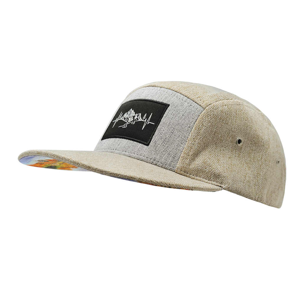Mountains Hat - 5 Panel - Cream Hemp / Gray Hemp - Fabric Back