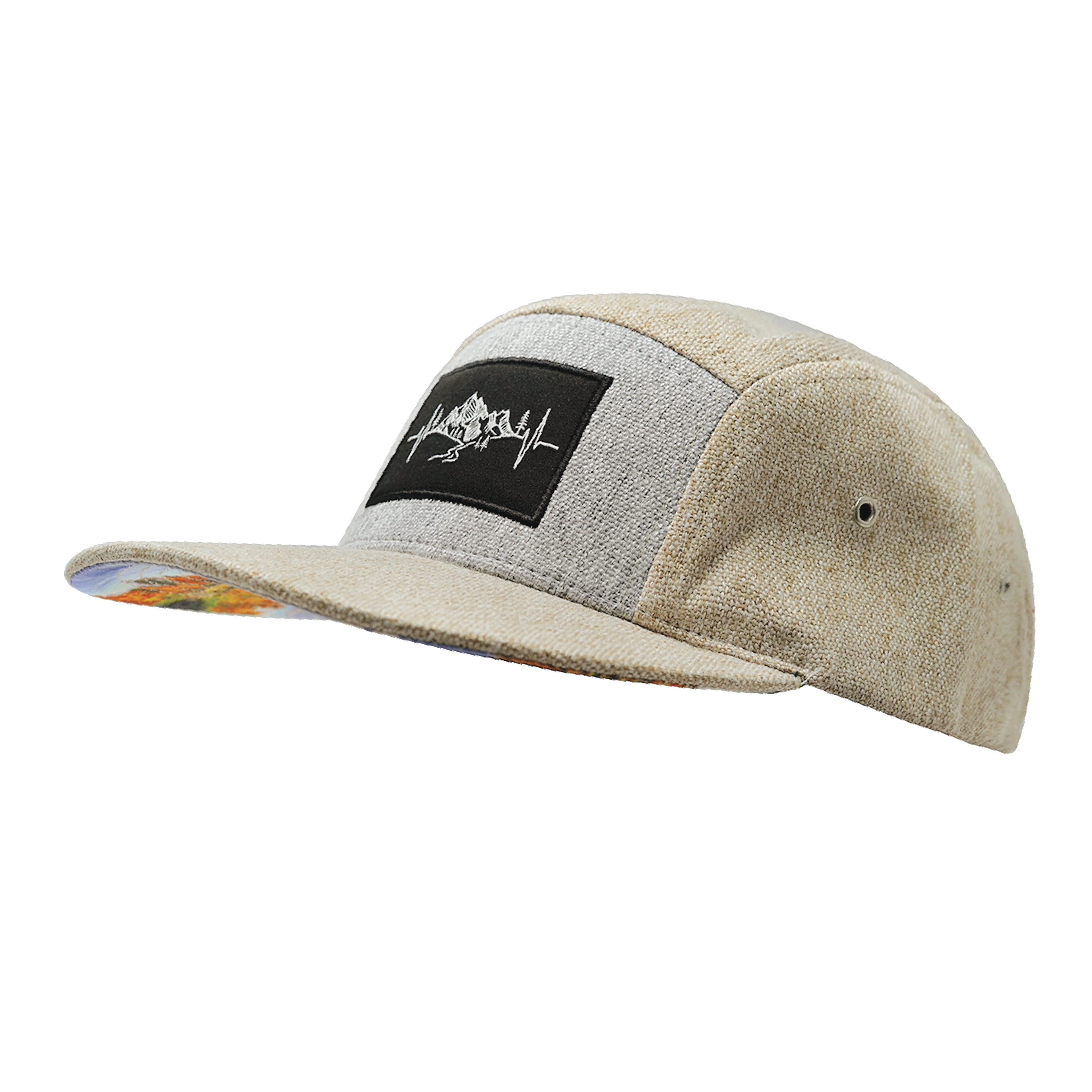 Mountains Hat - 5 Panel - Cream Hemp / Gray Hemp - Fabric Back