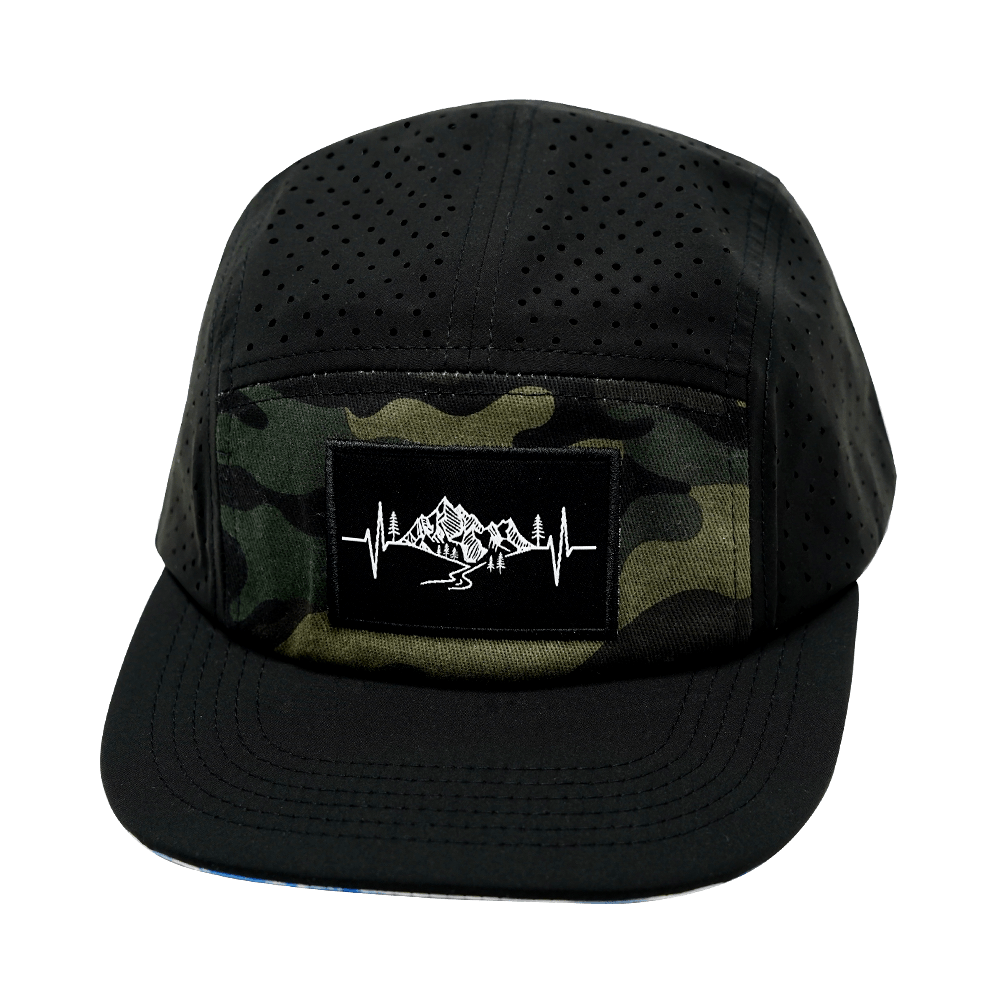 Mountains Hat - 5 Panel - Black / Green Camo - Laser Mesh