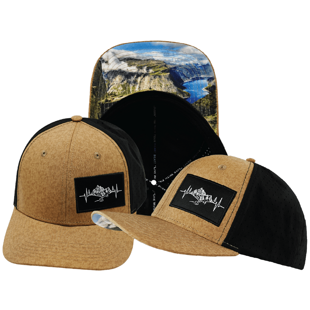 Mountains Hat - Baseball Hat Fit - Tan Textured / Black - Laser Mesh