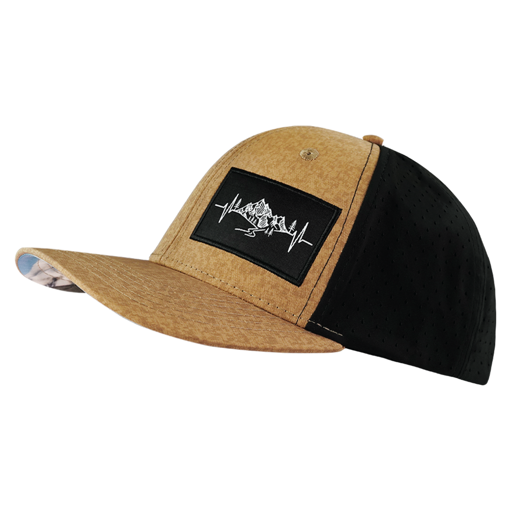 Mountains Hat - Baseball Hat Fit - Tan Textured / Black - Laser Mesh