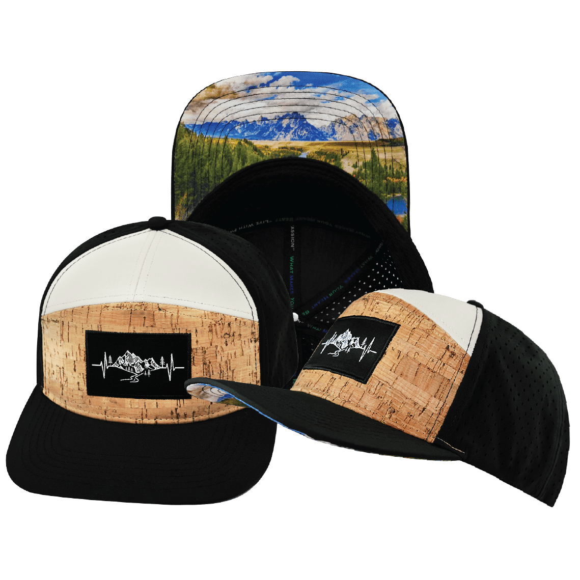 Mountains Hat - Flat Bill - Cork - Black / Cream - Laser Mesh