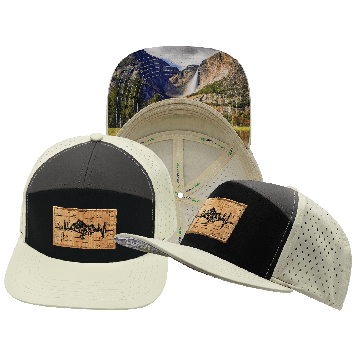Mountains Hat - Flat Bill - Cream / Black / Charcoal - Laser Mesh