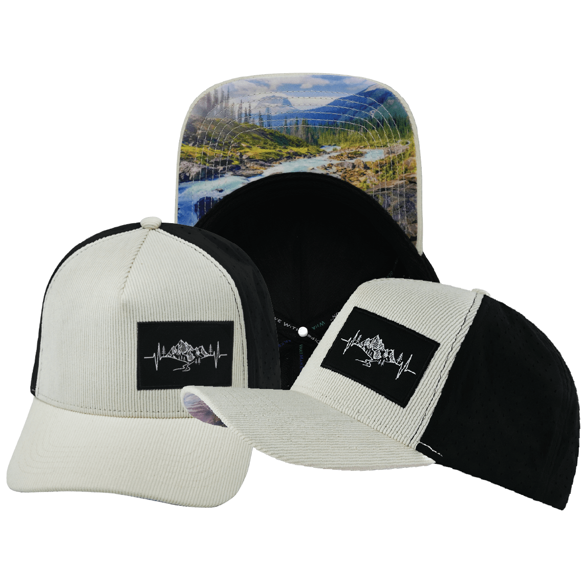 Mountains Hat - Trucker Hat - Corduroy - Cream / Black - Laser Mesh
