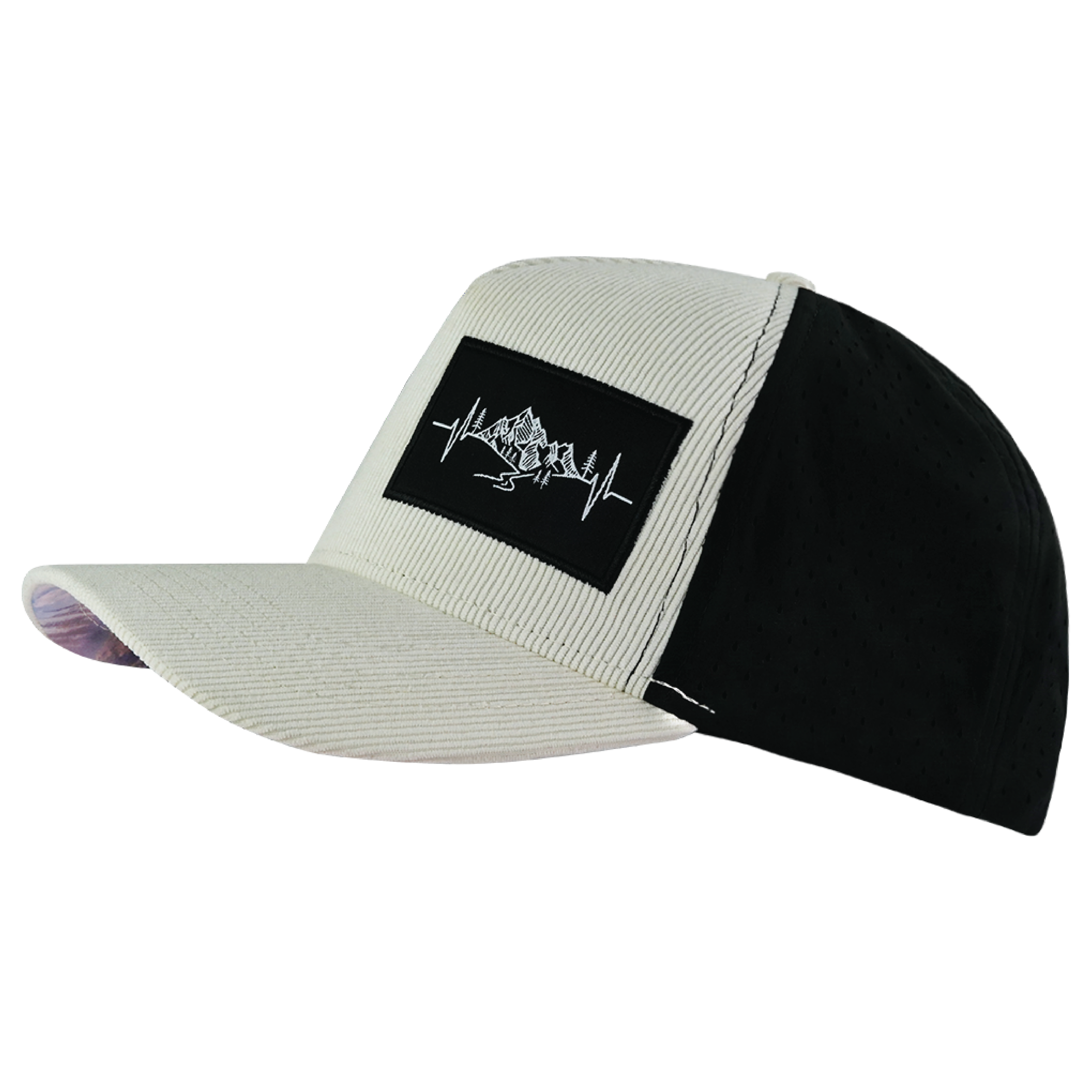 Mountains Hat - Trucker Hat - Corduroy - Cream / Black - Laser Mesh
