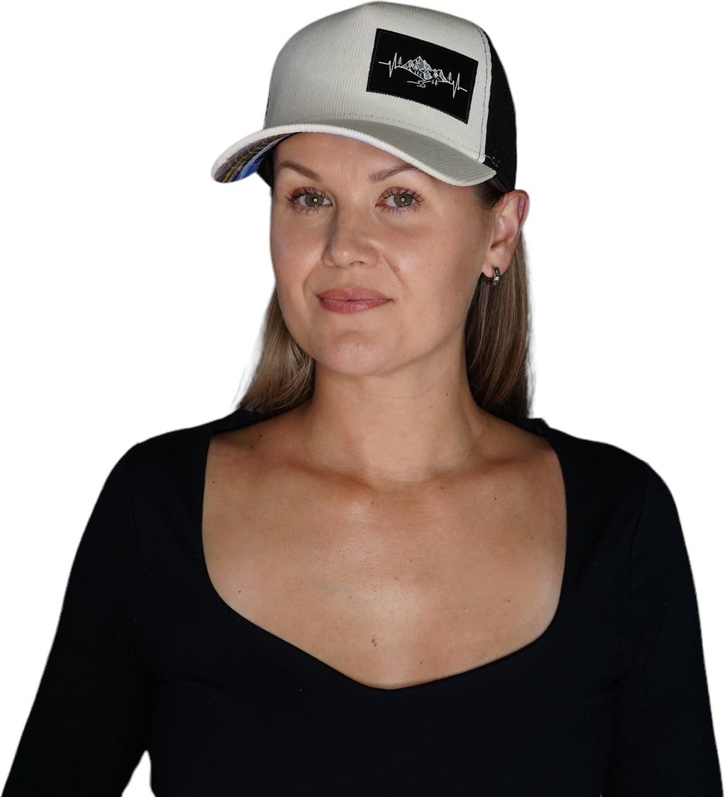 Mountains Hat - Trucker Hat - Corduroy - Cream / Black - Laser Mesh