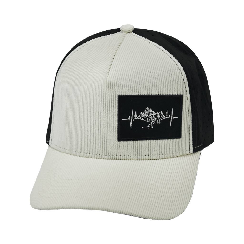 Mountains Hat - Trucker Hat - Corduroy - Cream / Black - Laser Mesh