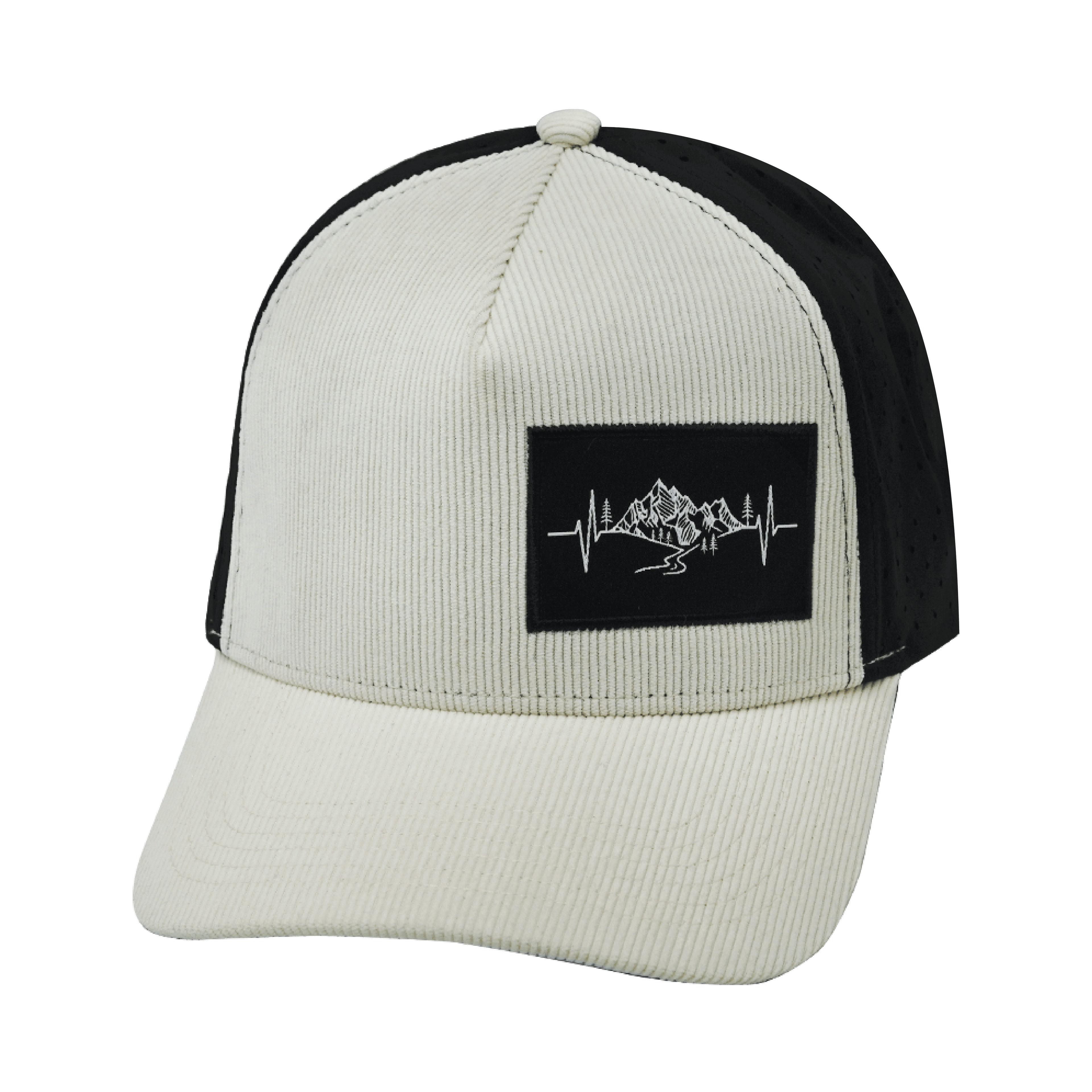 Mountains Hat - Trucker Hat - Corduroy - Cream / Black - Laser Mesh