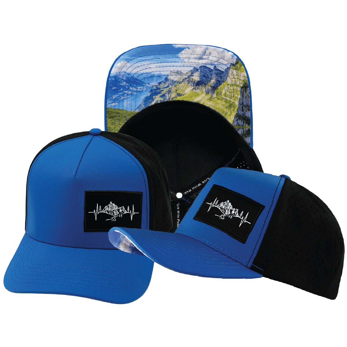 Mountains Hat - Trucker Hat - Royal Blue / Black - Laser Mesh