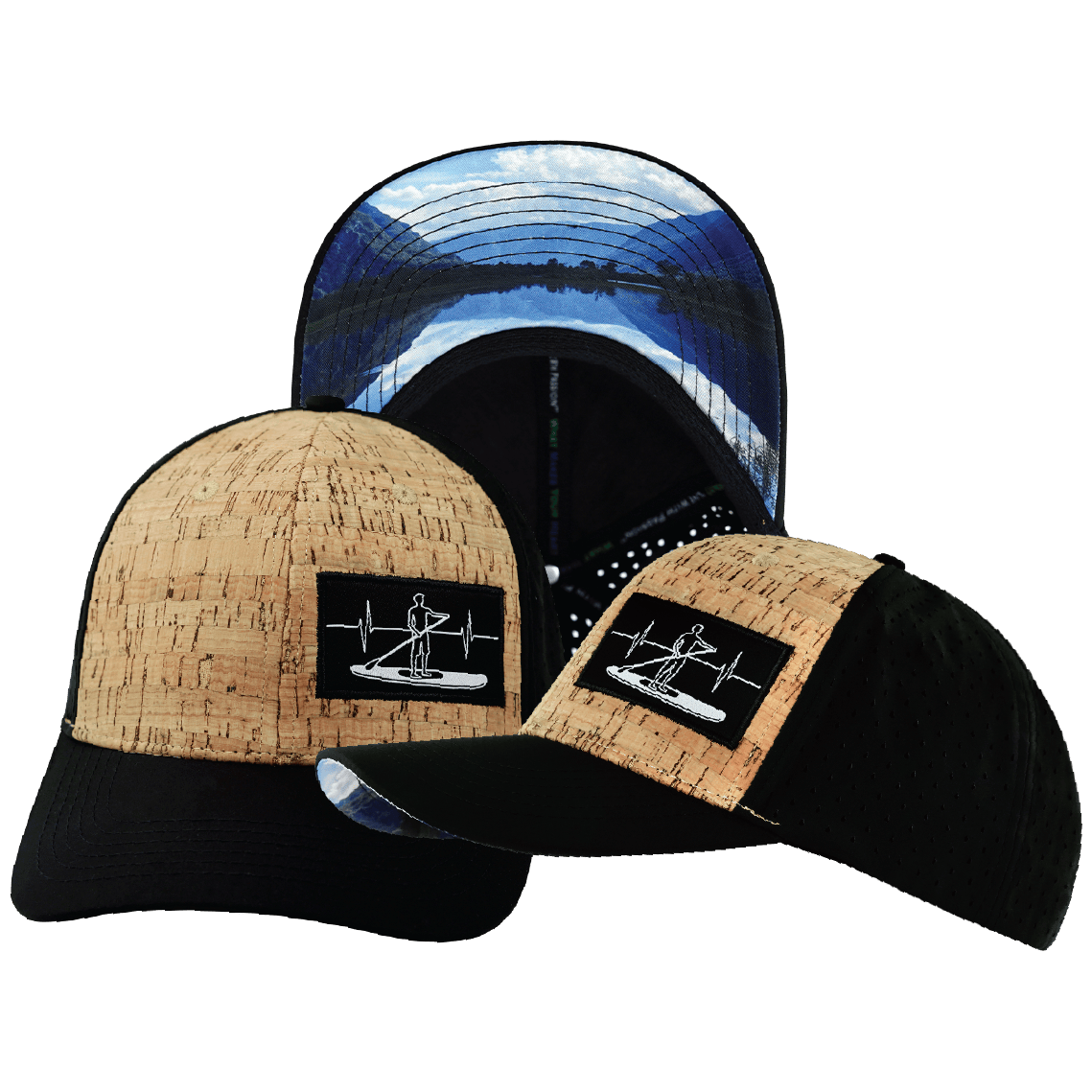 Paddle Board Hat - Baseball Hat Fit - Cork - Black - Laser Mesh