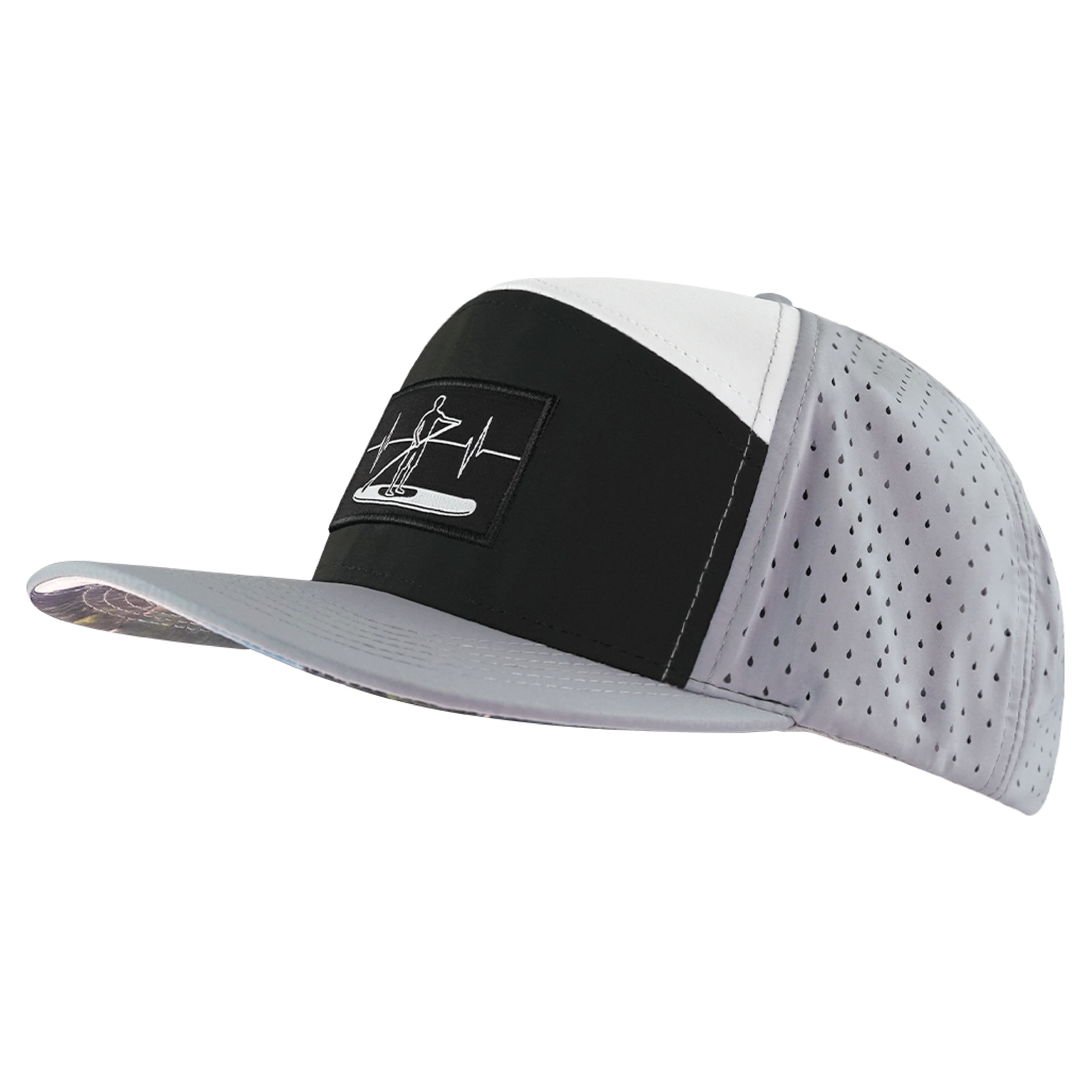 Paddle Board Hat - Flat Bill - Gray / Black / White - Laser Mesh