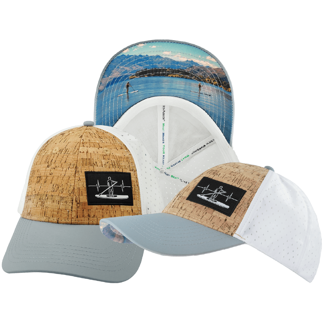Paddle Board Hat - Low Profile - Ponytail - Cork - Gray / White - Laser Mesh