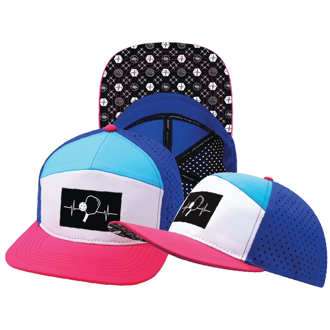 Pickleball Hat - Flat Bill - Neon Pink / White / Neon Blue Green / Blue - Laser Mesh