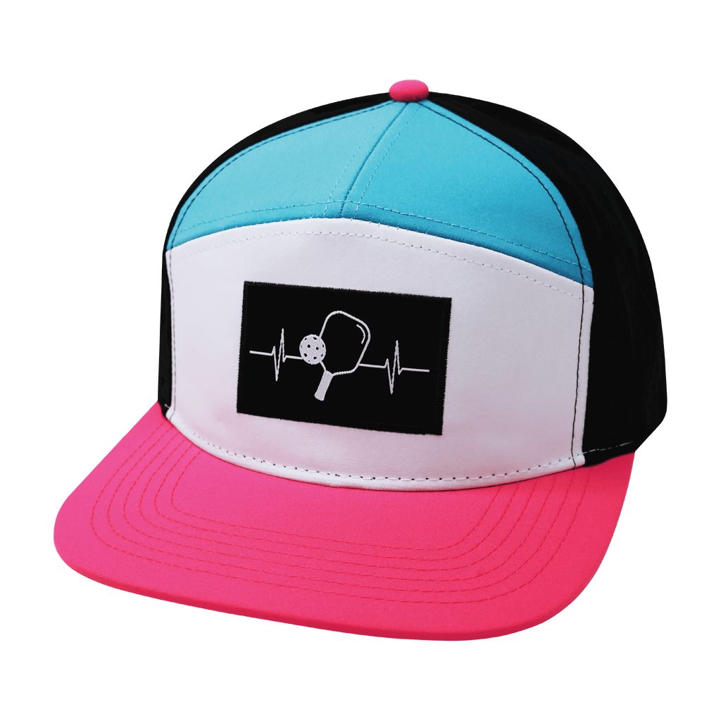 Pickleball Hat - Flat Bill - Neon Pink / White / Neon Blue Green / Black - Laser Mesh
