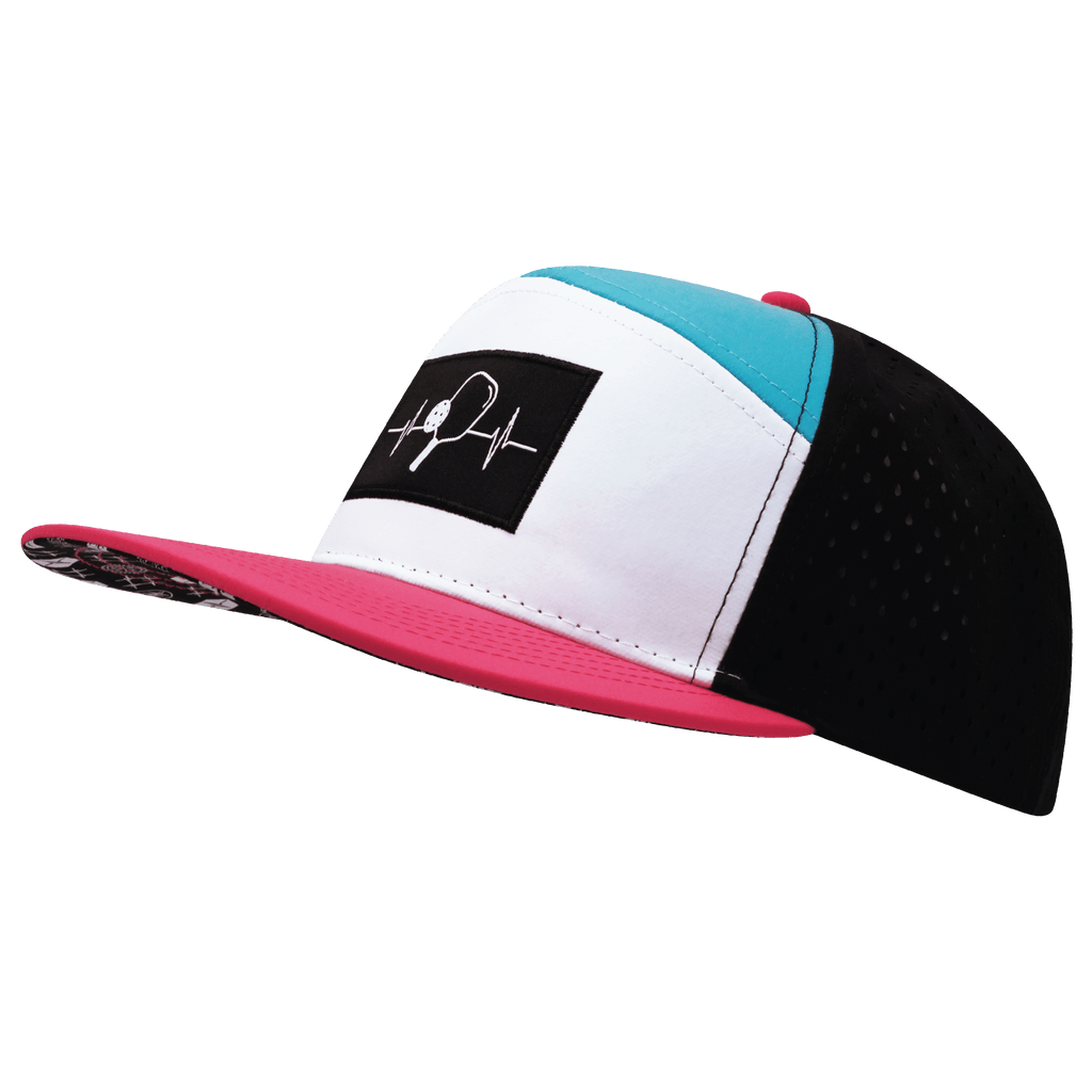 Pickleball Hat - Flat Bill - Neon Pink / White / Neon Blue Green / Black - Laser Mesh