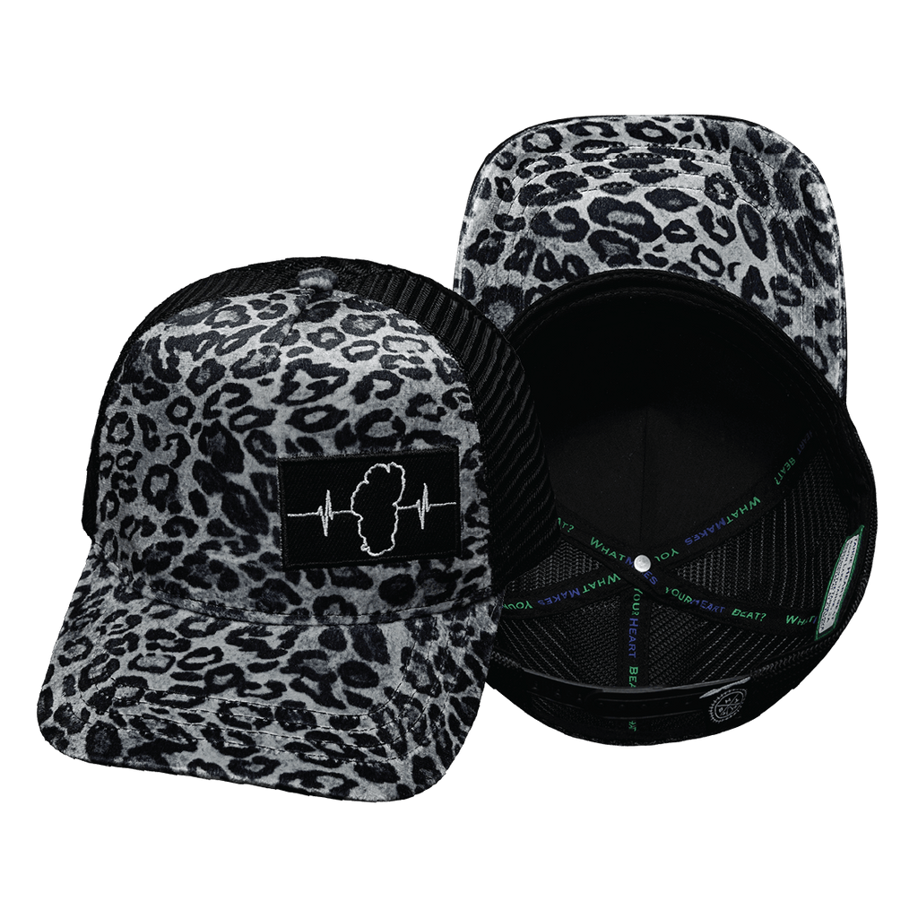 Tahoe Hat - Trucker Hat - Velvet - Silver Leopard Print - Trucker Mesh