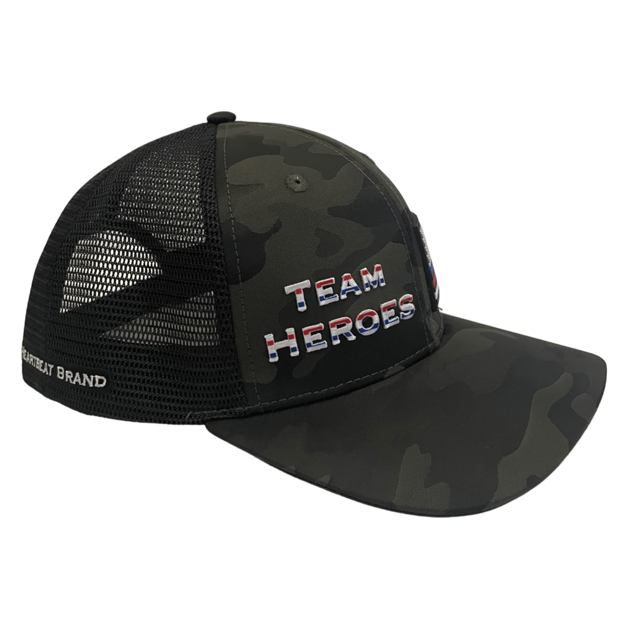 Team Heroes Hat - Baseball Hat Fit - Green Camo / Black - Trucker Mesh