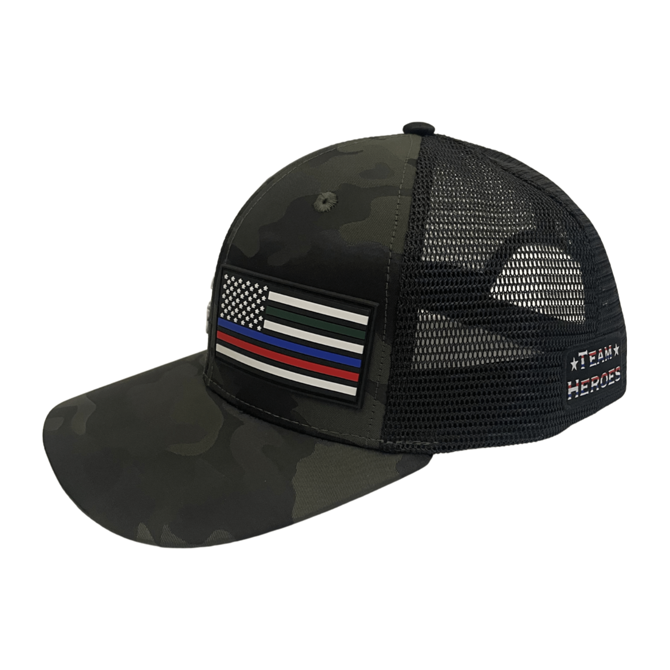 Team Heroes Hat - Baseball Hat Fit - Green Camo / Black - Trucker Mesh