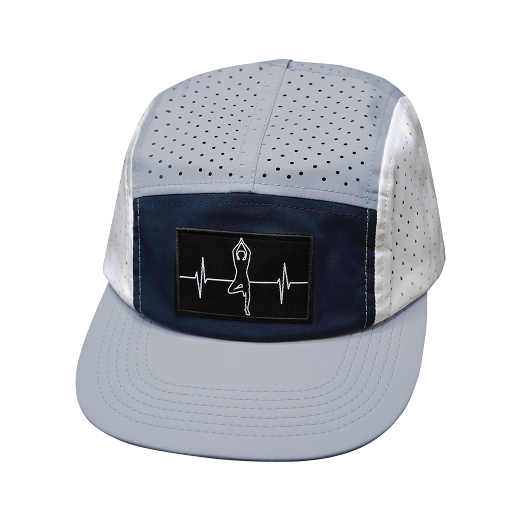 Yoga Hat - 5 Panel - Ponytail - Gray / Navy / White - Laser Mesh