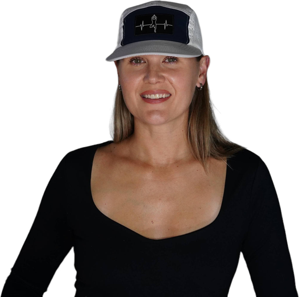 Yoga Hat - 5 Panel - Ponytail - Gray / Navy / White - Laser Mesh