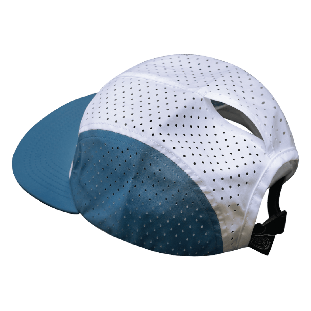 Yoga Hat - 5 Panel - Ponytail - Light Blue / White - Laser Mesh