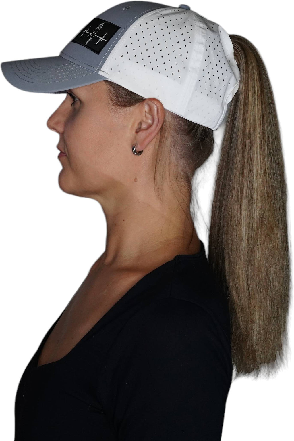 Yoga Hat - Low Profile - Ponytail - Gray / White - Laser Mesh