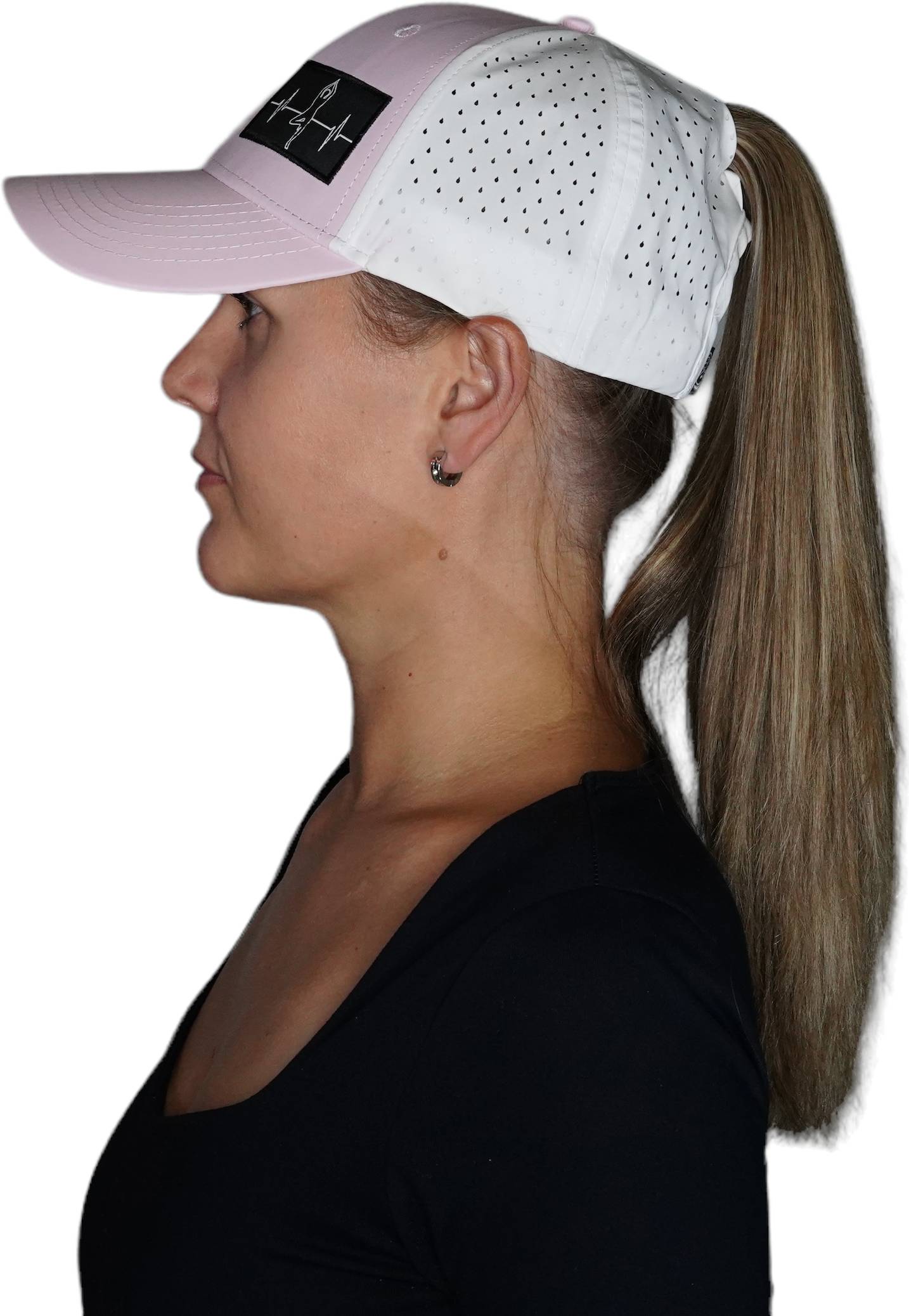 Yoga Hat - Low Profile - Ponytail - Pink / White - Laser Mesh
