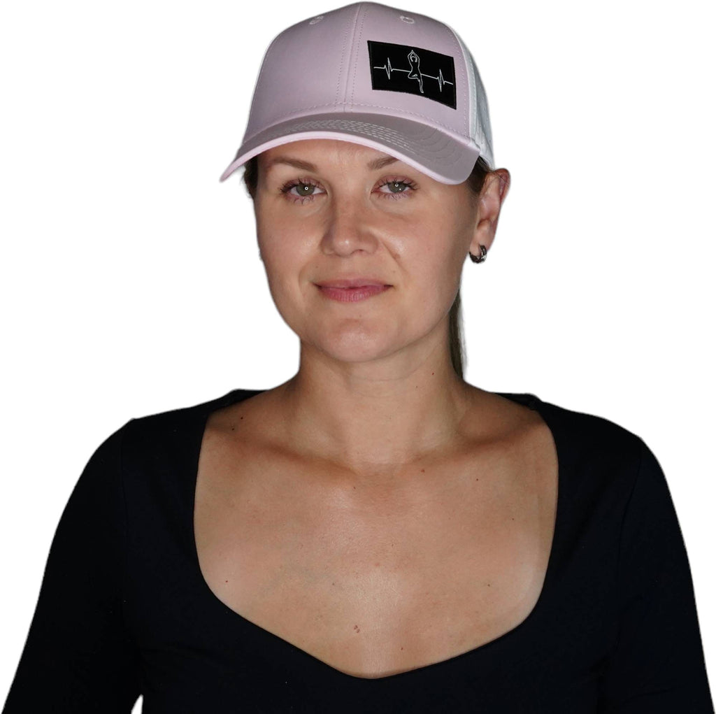 Yoga Hat - Low Profile - Ponytail - Pink / White - Laser Mesh