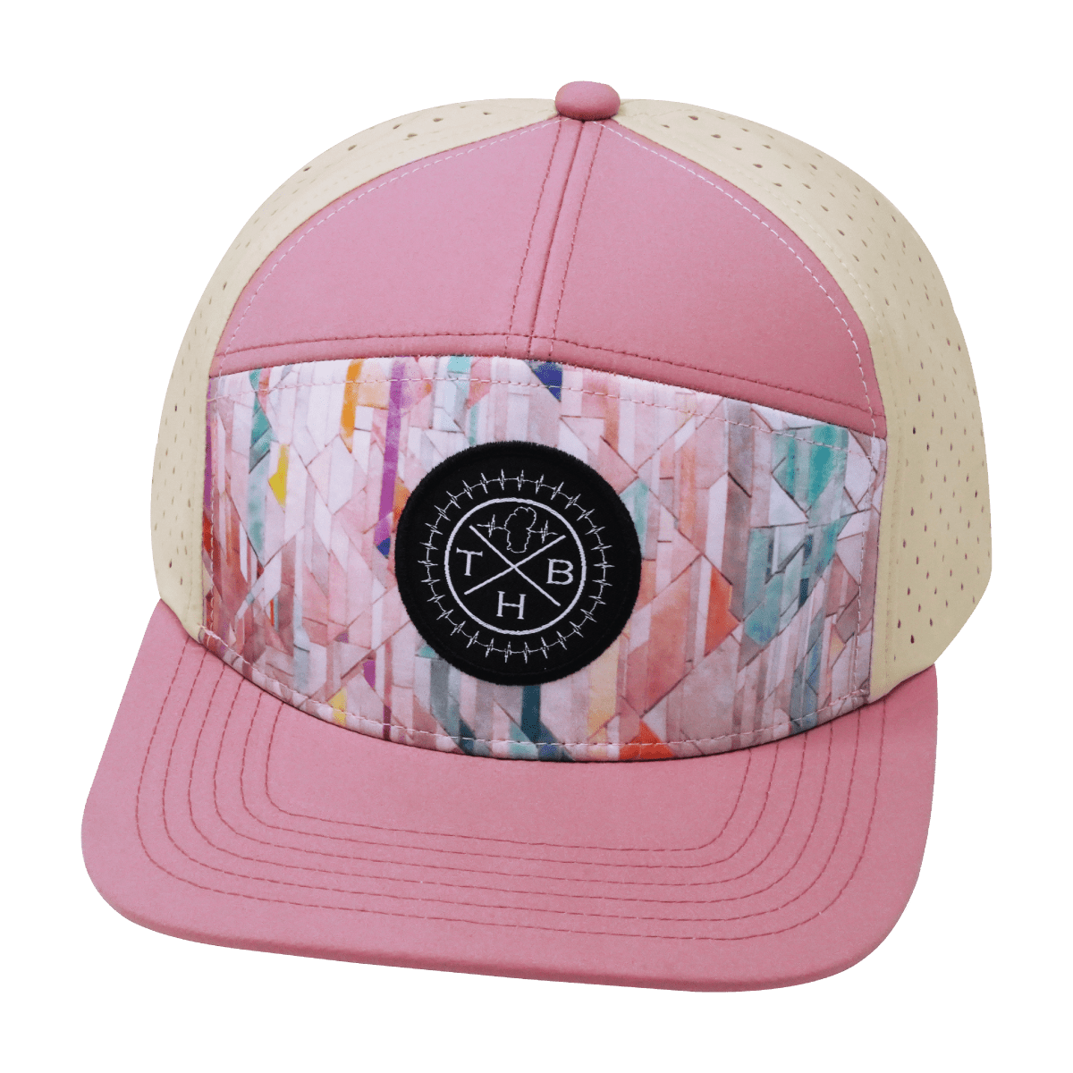 **YOUTH** Color Vibes Hat - Flat Bill - Geo Mosaic - Pink Peach / Cream - Laser Mesh