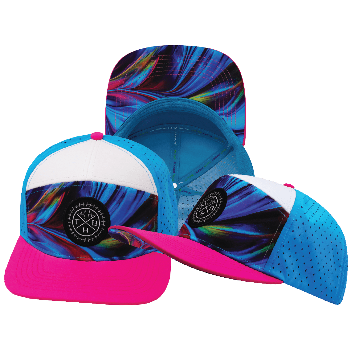 **YOUTH** Color Vibes Hat - Flat Bill - Feather Glow - Neon Pink / White / Neon Blue - Laser Mesh