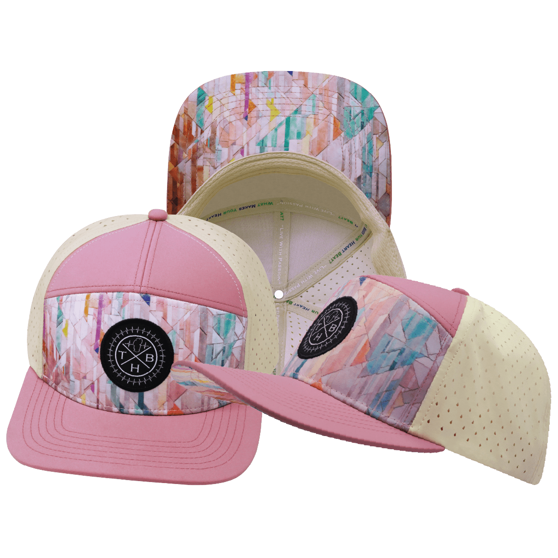 **YOUTH** Color Vibes Hat - Flat Bill - Geo Mosaic - Pink Peach / Cream - Laser Mesh