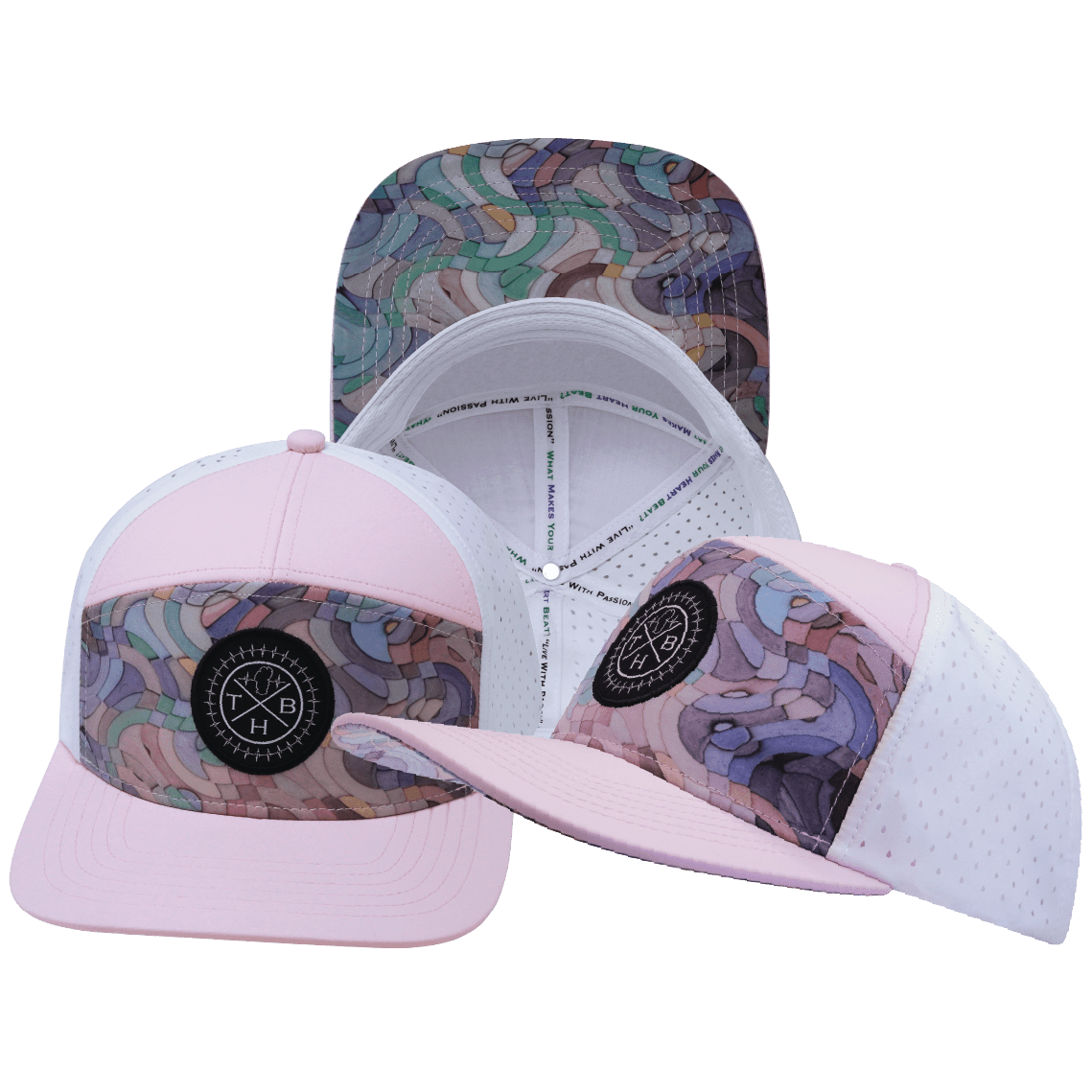 **YOUTH** Color Vibes Hat - Flat Bill - Mosaic Curves - Light Pink / White - Laser Mesh
