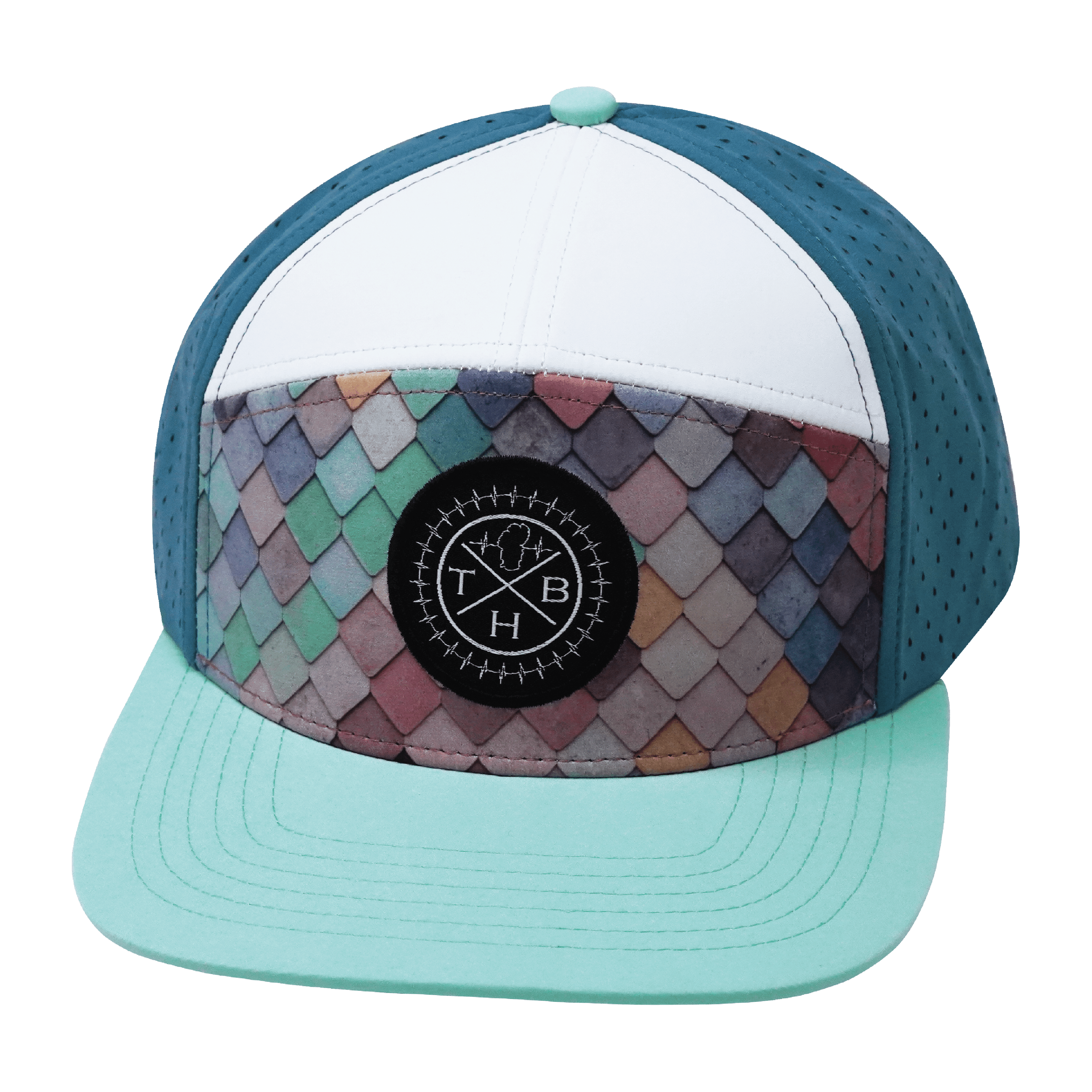 **YOUTH** Color Vibes Hat - Flat Bill - Mosaic Scales - Mint / White / Slate Blue - Laser Mesh