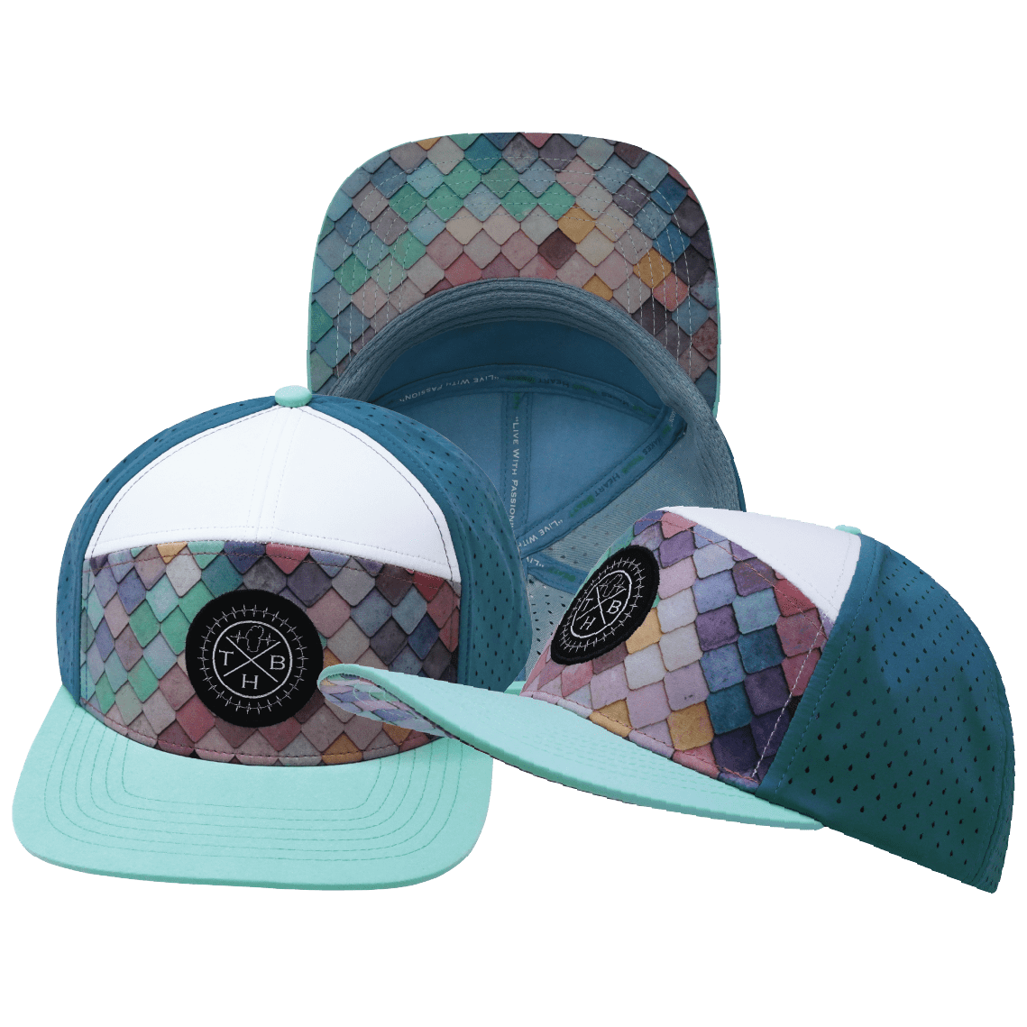 **YOUTH** Color Vibes Hat - Flat Bill - Mosaic Scales - Mint / White / Slate Blue - Laser Mesh