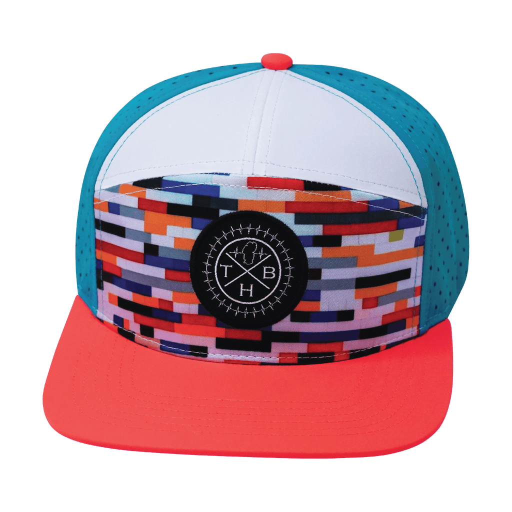 **YOUTH** Color Vibes Hat - Flat Bill - Party Blocks - Neon Peach / White / Neon Blue - Laser Mesh
