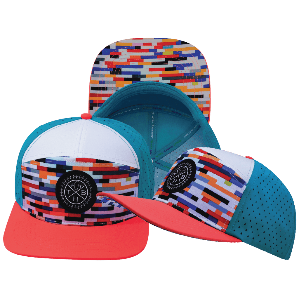 **YOUTH** Color Vibes Hat - Flat Bill - Party Blocks - Neon Peach / White / Neon Blue - Laser Mesh