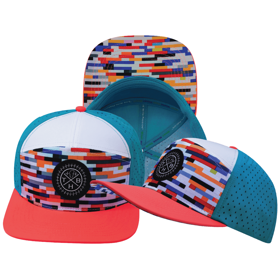 **YOUTH** Color Vibes Hat - Flat Bill - Party Blocks - Neon Peach / White / Neon Blue - Laser Mesh