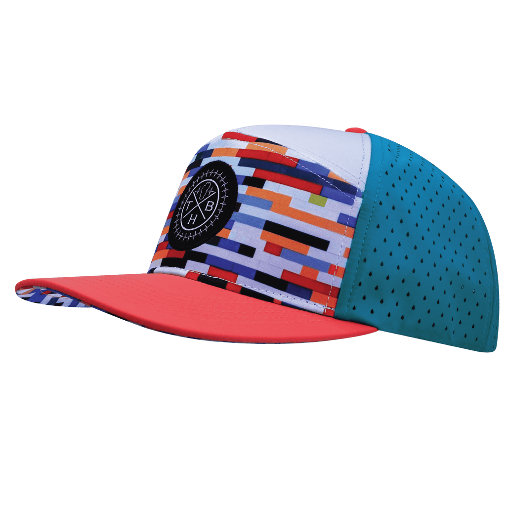 **YOUTH** Color Vibes Hat - Flat Bill - Party Blocks - Neon Peach / White / Neon Blue - Laser Mesh