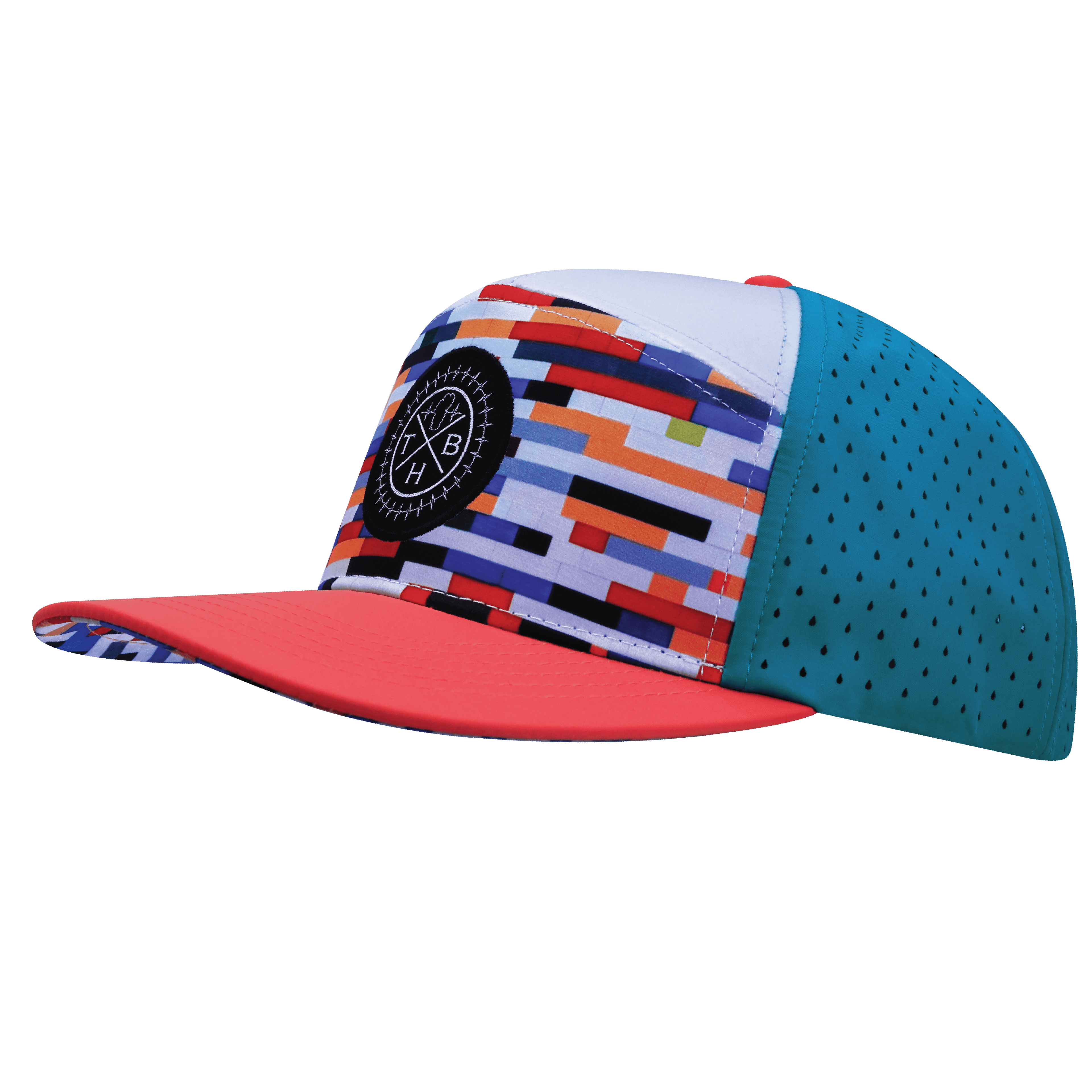 **YOUTH** Color Vibes Hat - Flat Bill - Party Blocks - Neon Peach / White / Neon Blue - Laser Mesh
