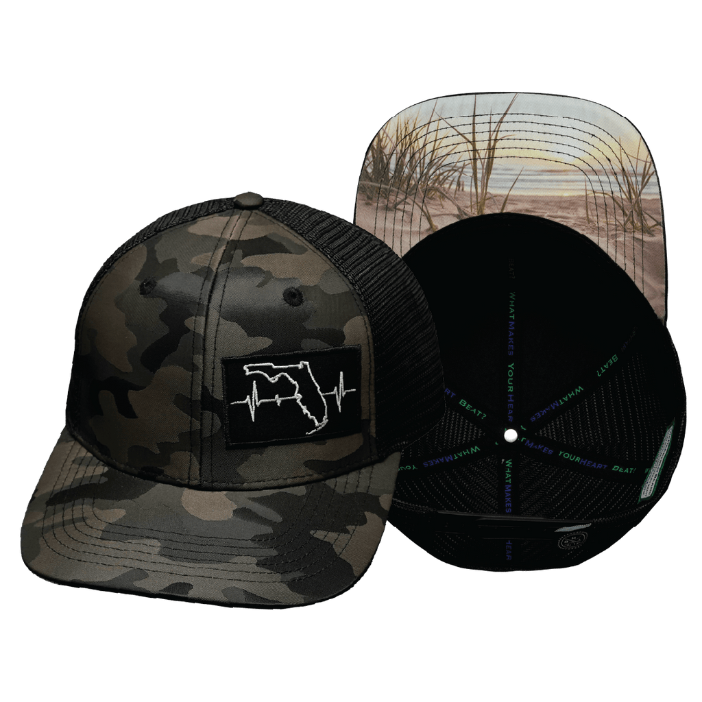 **YOUTH** Florida Hat - Baseball Hat Fit - Tan Camo / Black - Trucker Mesh