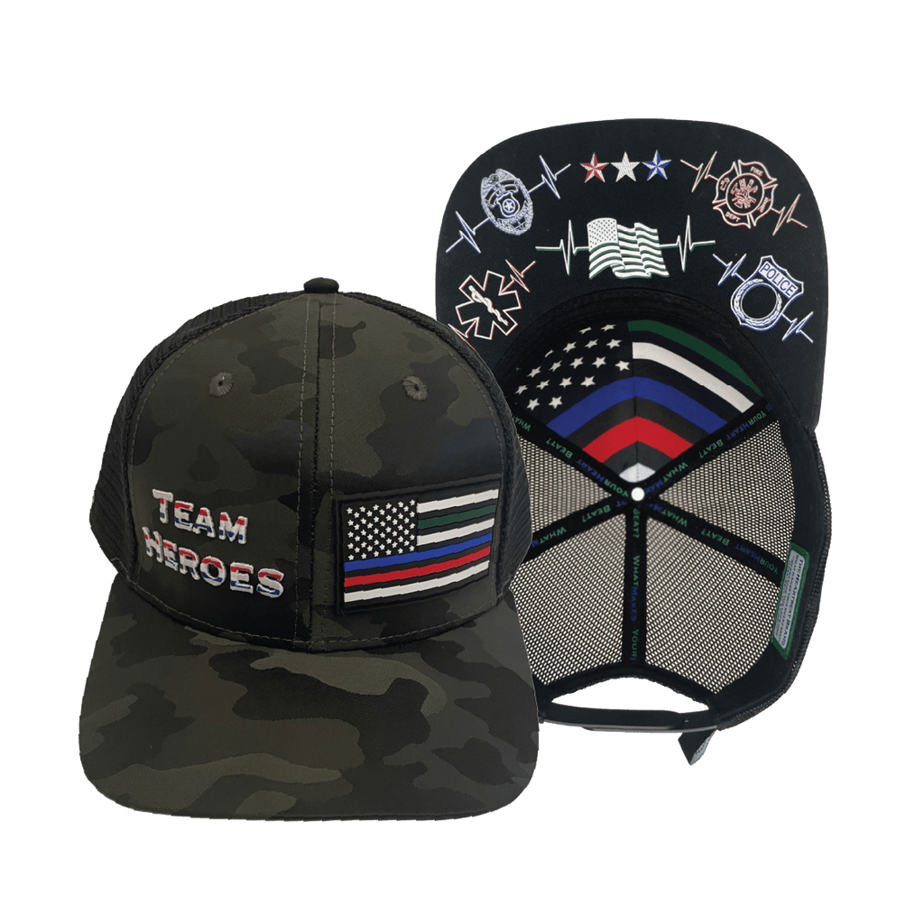 **YOUTH** Team Heroes Hat - Baseball Hat Fit - Green Camo / Black - Trucker Mesh