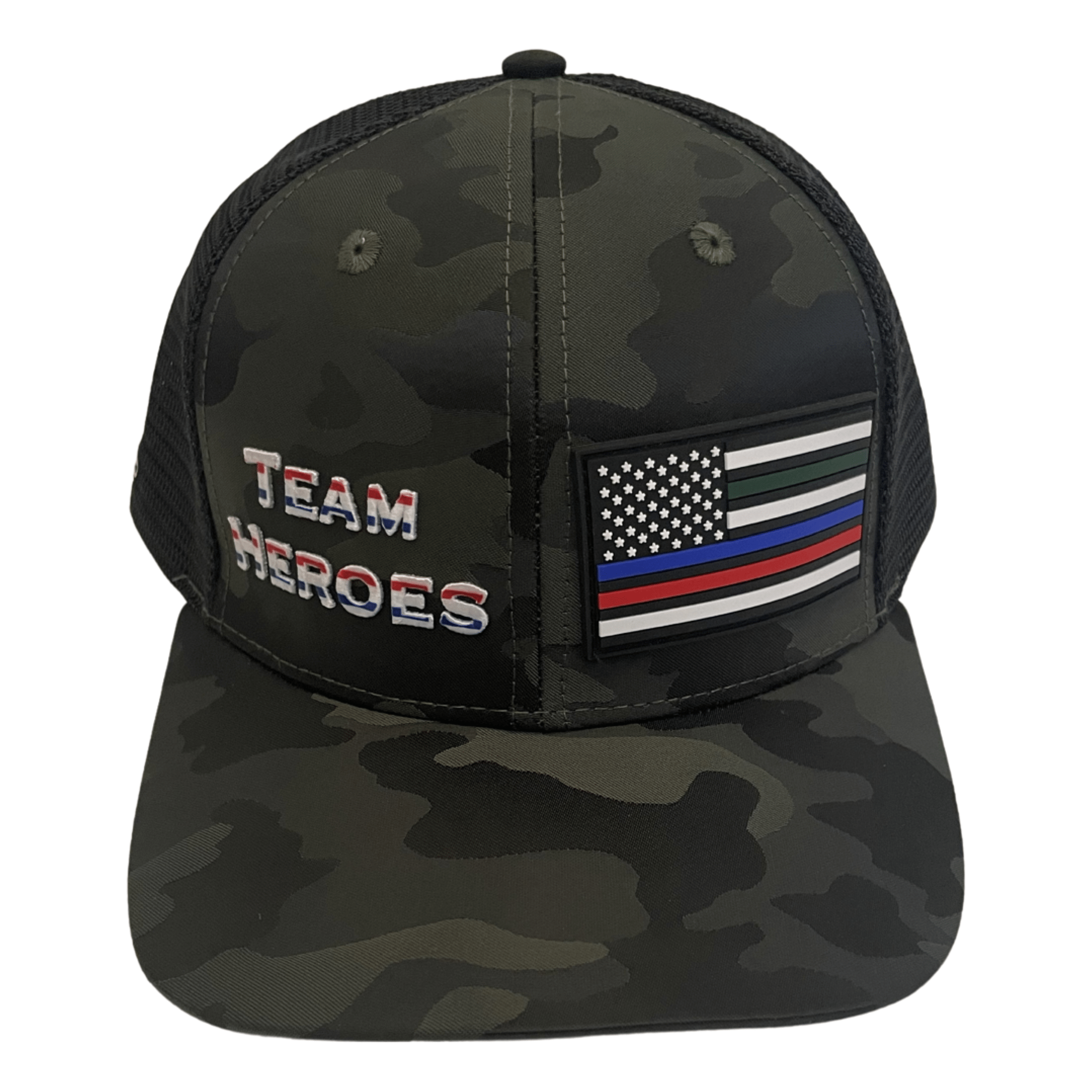 **YOUTH** Team Heroes Hat - Baseball Hat Fit - Green Camo / Black - Trucker Mesh
