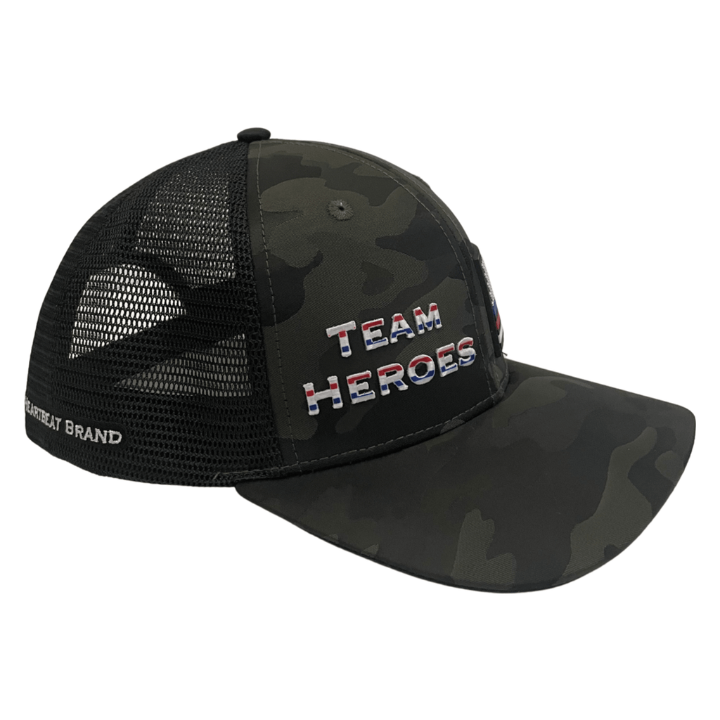 **YOUTH** Team Heroes Hat - Baseball Hat Fit - Green Camo / Black - Trucker Mesh